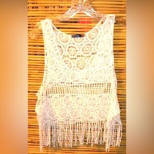 Beautiful L Boho White Crocheted String Fringe Tank Top